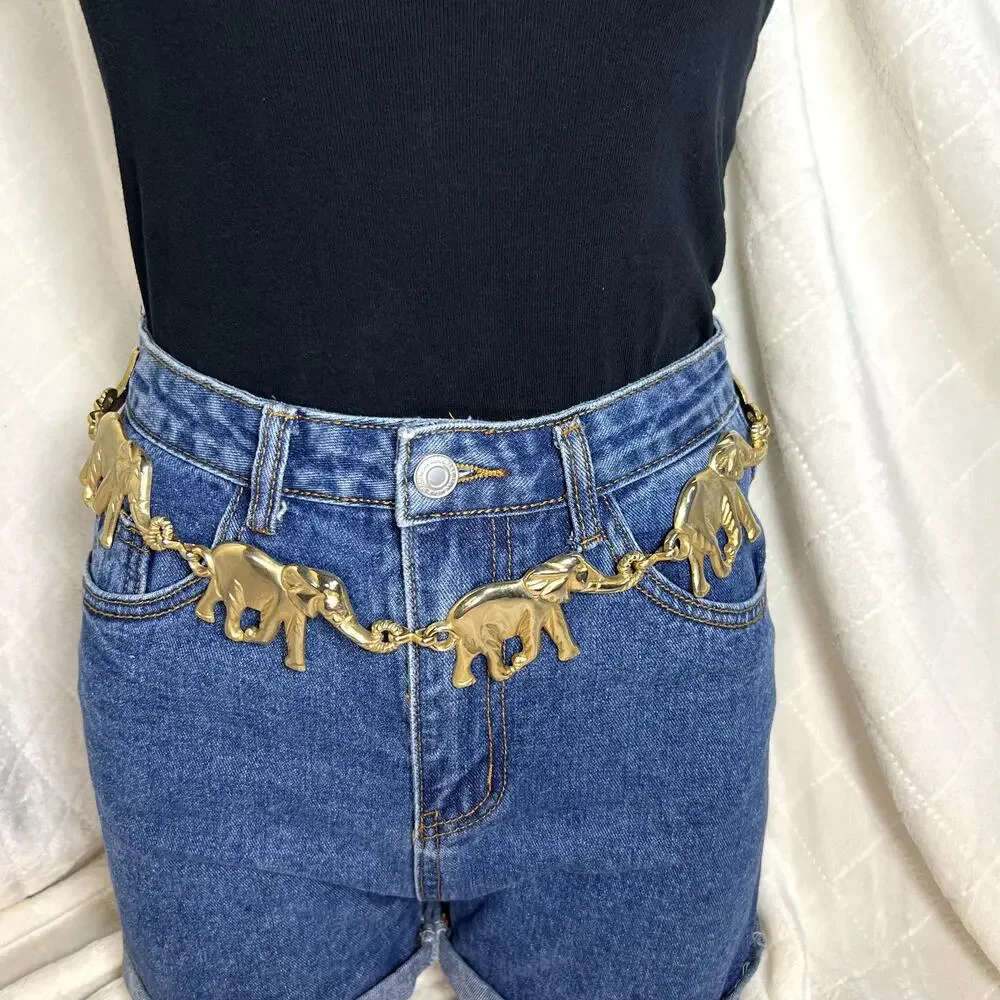 Gold Tone Elephant Chain Belt Link Boho Women VTG accessories Safari Retro